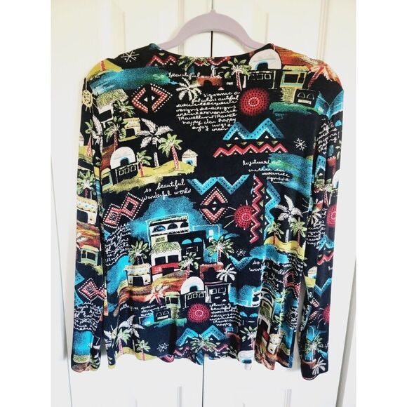 Chico's Travelers 1 Slinky Black & Multi Tropical Village Print‎ Jacket Medium - Picture 2 of 7